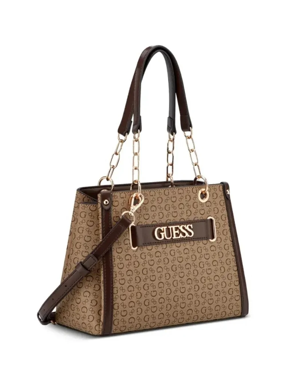GUESS Brown Logo Jacquard Satchel with Gold Accents